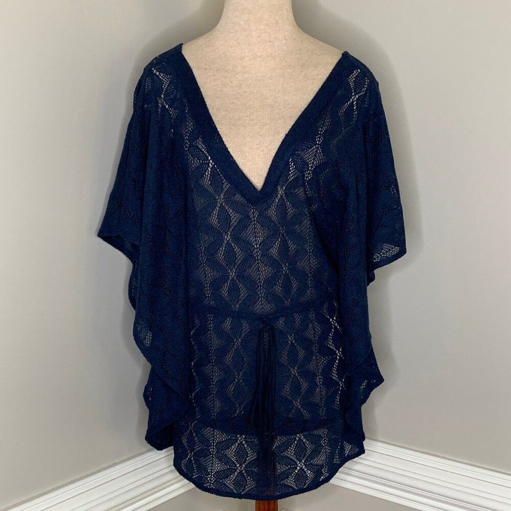 Ella Moss Women's Navy V-Neck Batwing Crochet See Through Cover-Up Size Medium